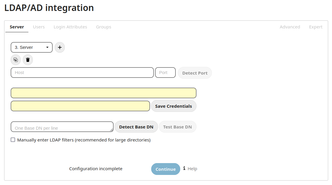 LDAP wizard, server tab